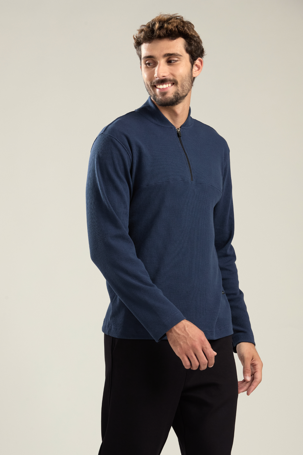 BLUSA ALGODÃO MEIO ZÍPER WAFFLE AZUL JEANS